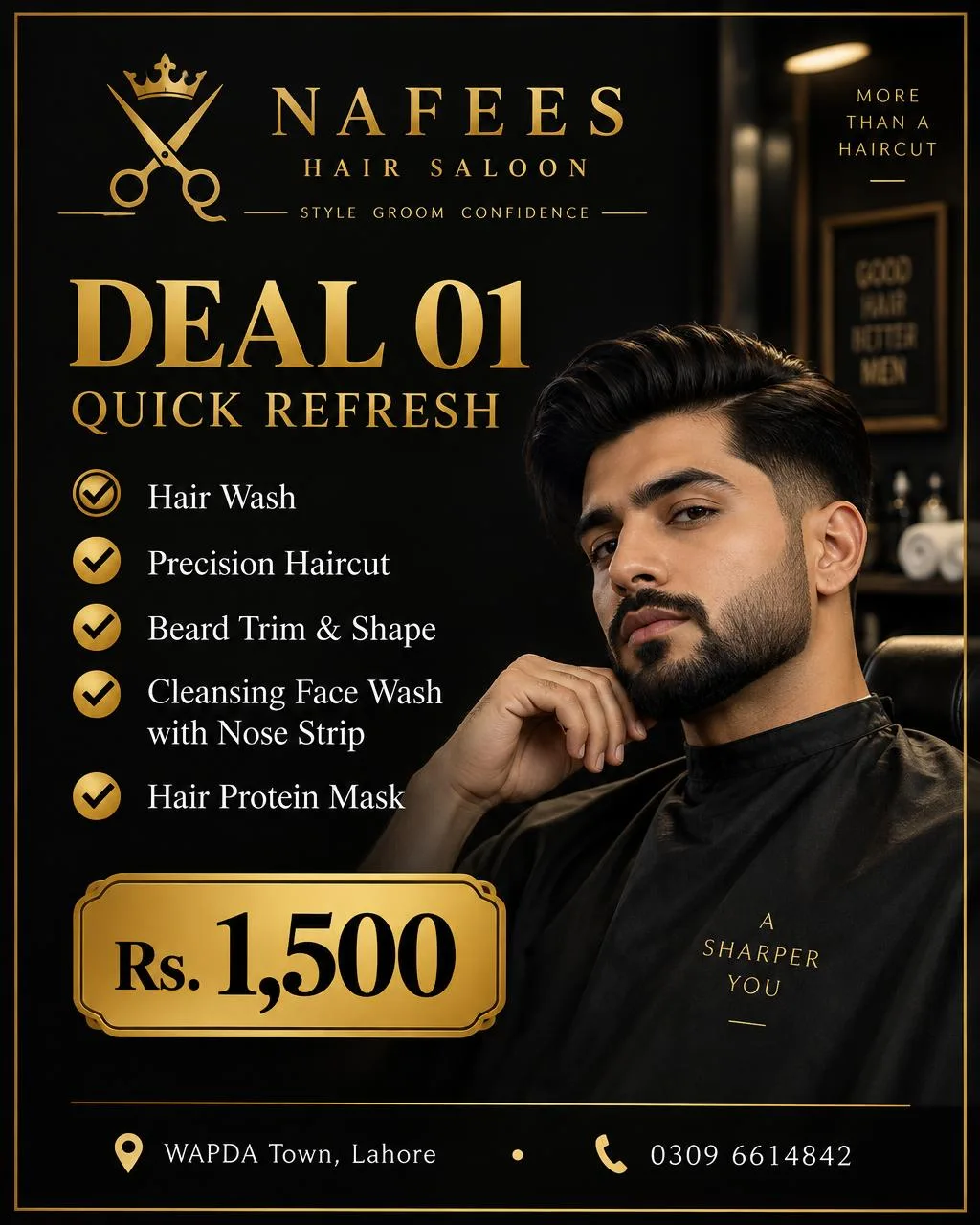 Nafees Deal 01 Quick Refresh: hair wash, haircut, beard, cleansing face wash with nose strip, hair protein mask — Rs. 1,500